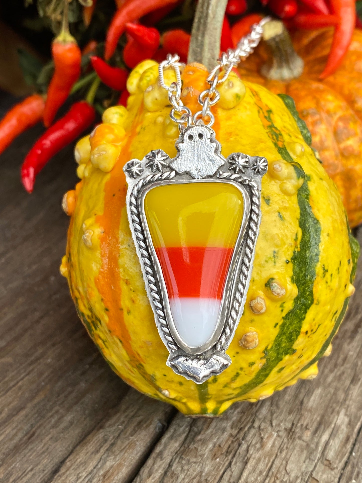 Sterling Silver Fused Glass Candy Corn Halloween Theme Necklace