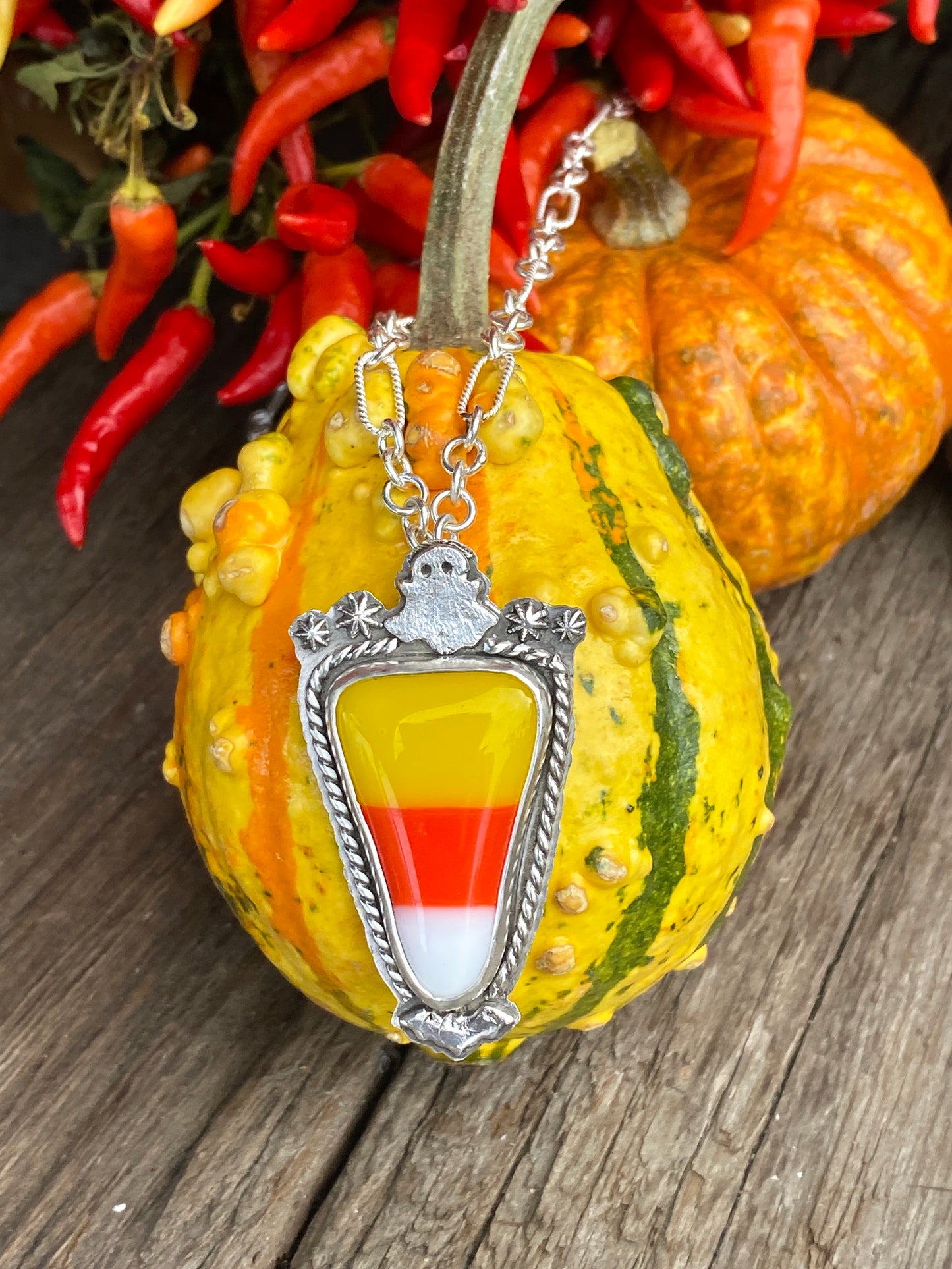 Sterling Silver Fused Glass Candy Corn Halloween Theme Necklace