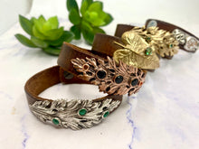 Load image into Gallery viewer, Sterling Silver, Vintage Leather and Emerald Leaf Cuff Bracelet
