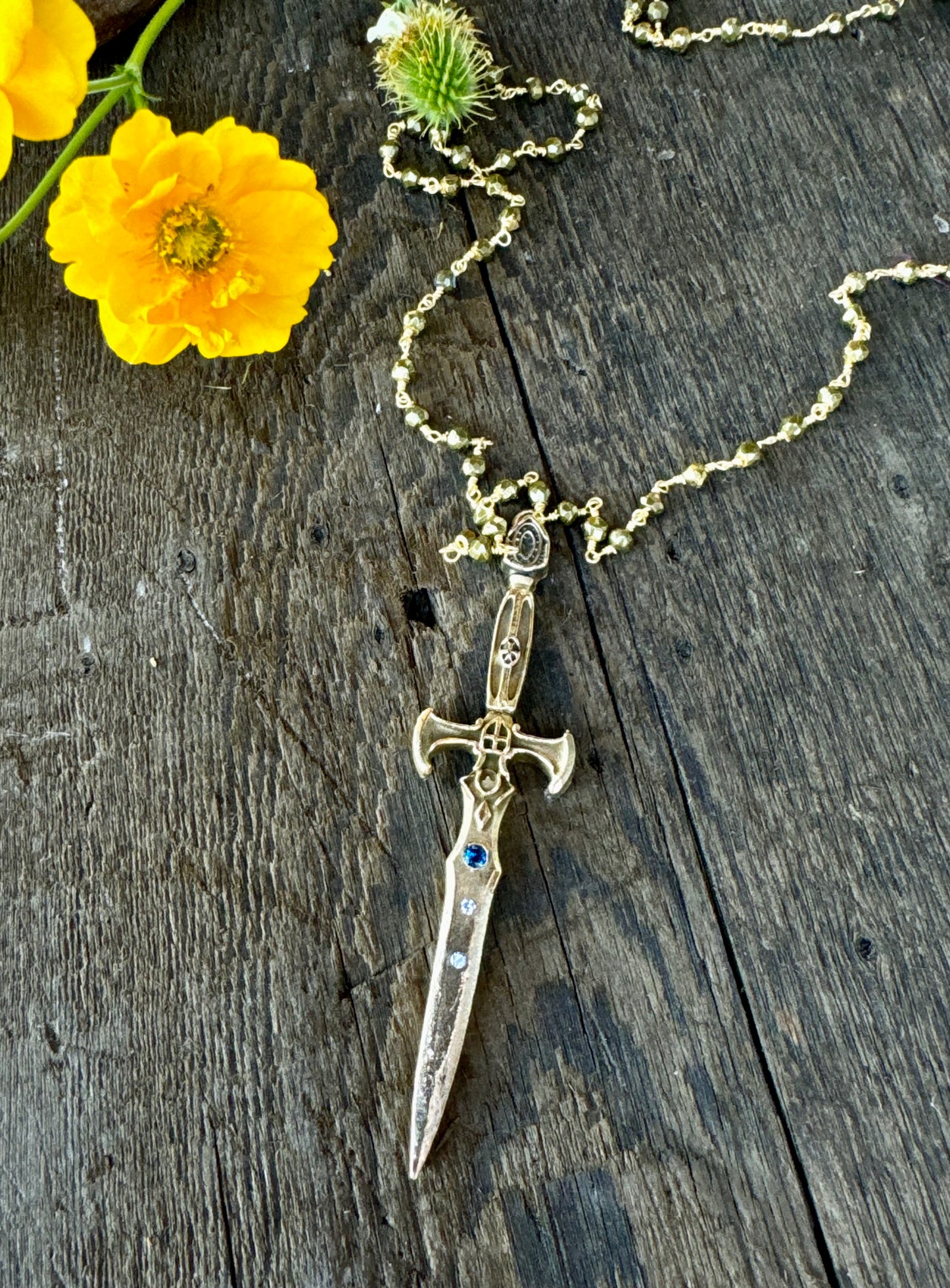 Dagger Necklace - Gold Bronze Dagger With Sapphire And Topaz.