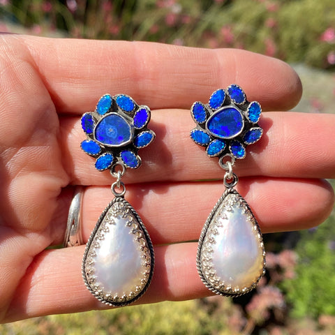 Australian Blue Opal Doublets And Freshwater Pearl Drop Earrings In Sterling Silver