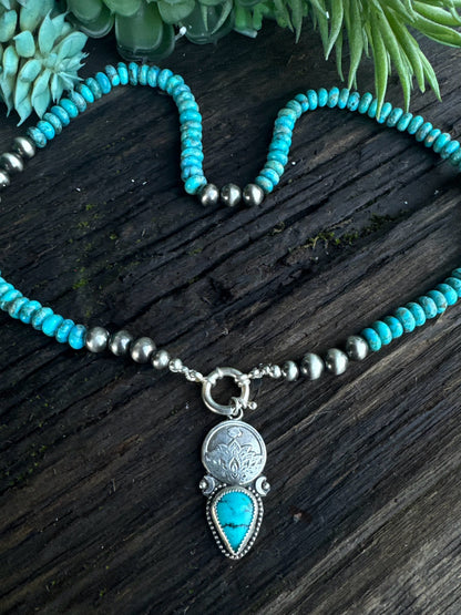 Kingman Turquoise Lotus Flower  Talisman Necklace -3 in 1 Necklace