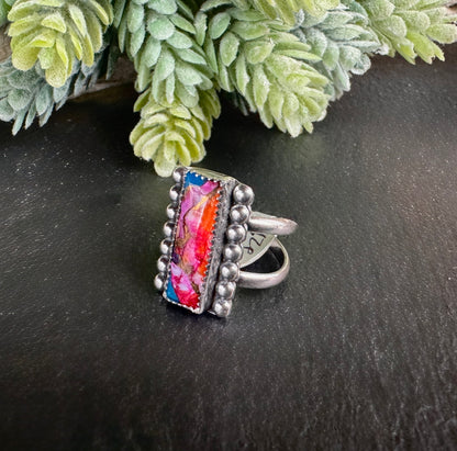 Orange Dahlia Kingman Turquoise Ring - Split Band Sterling Ring Size 7