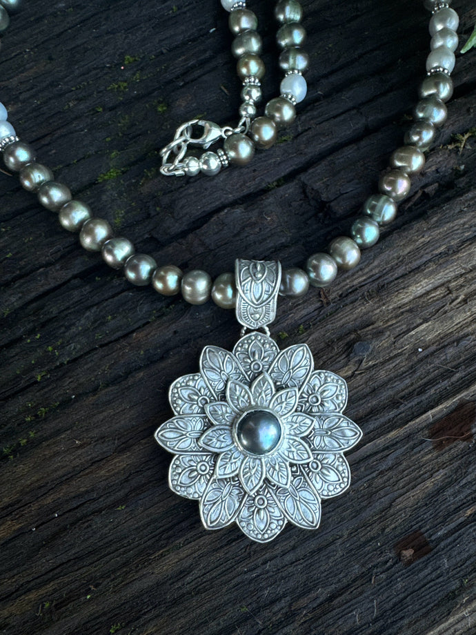 Guardian Of The Sea - Black Pearl Medallion Necklace.
