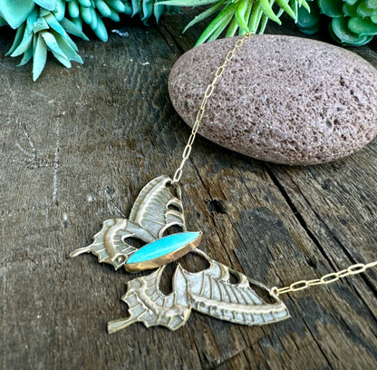Gold And Silver Bronze Butterfly Necklace With Kingman Turquoise