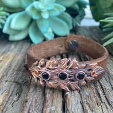 Load image into Gallery viewer, Vintage Leather And Copper Leaf Cuff Bracelet.
