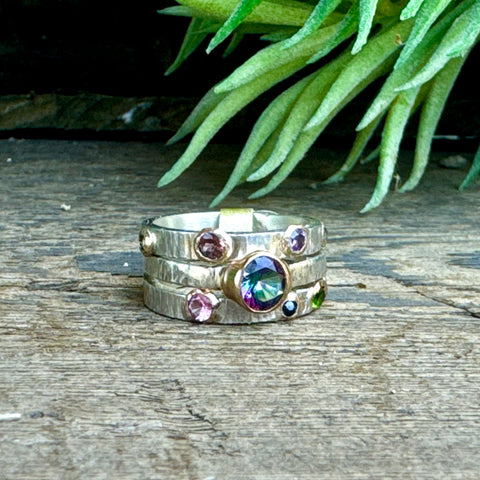Triple Sterling Silver Stacker Ring With 14k gold-filled accents, Mystic Topaz, Emerald, Amethyst, Moissonite and Tourmaline