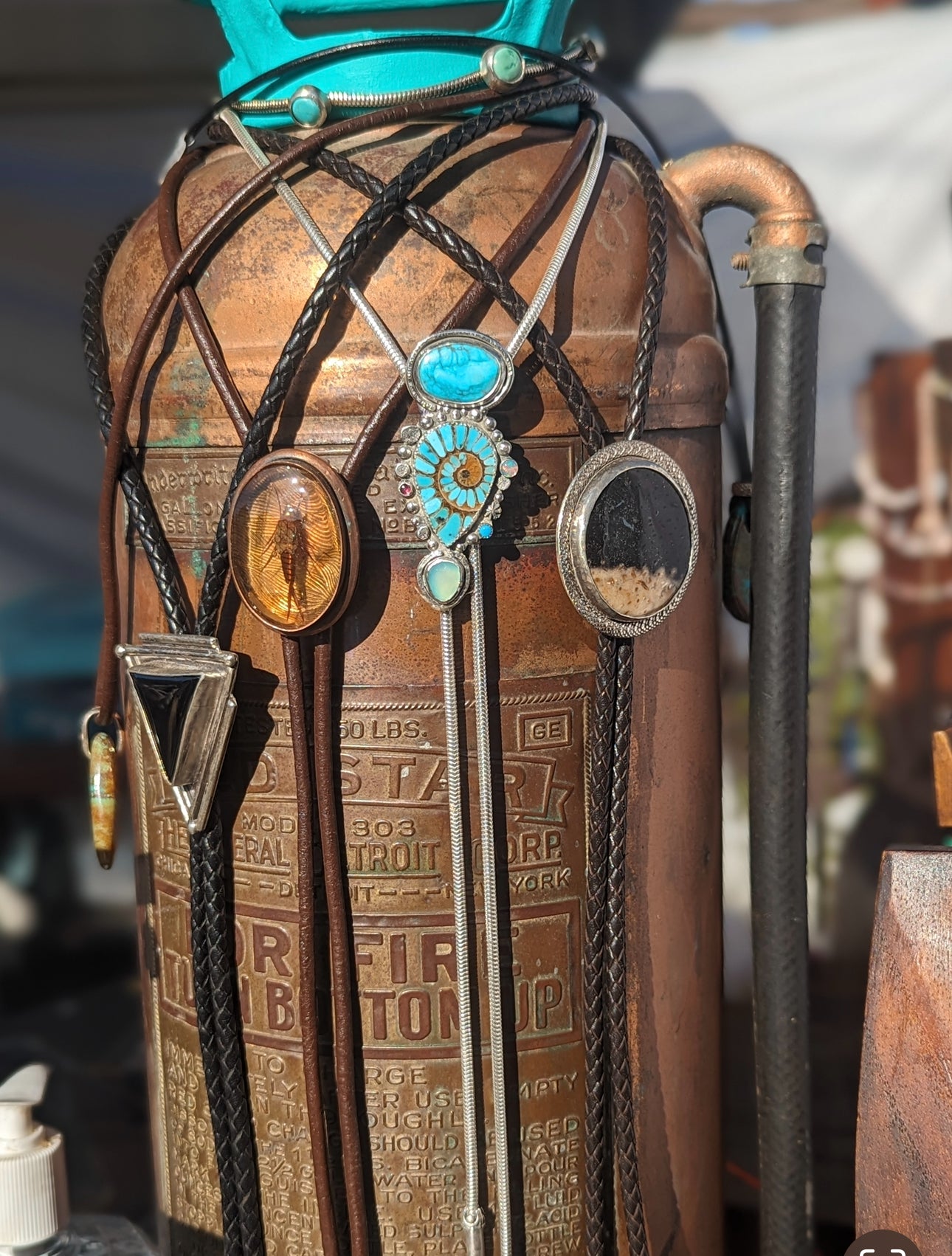 Turquoise Inlay Ammonite With Kingman Turquoise, Green Chalcedony, Opal And Ruby Bolo  Style Necklace - Bolo Tie