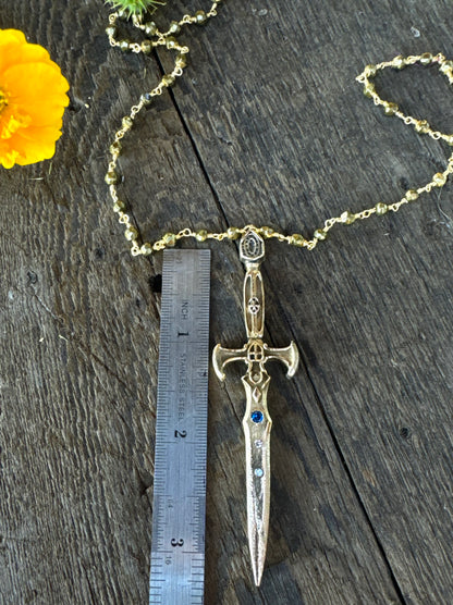 Dagger Necklace - Gold Bronze Dagger With Sapphire And Topaz.