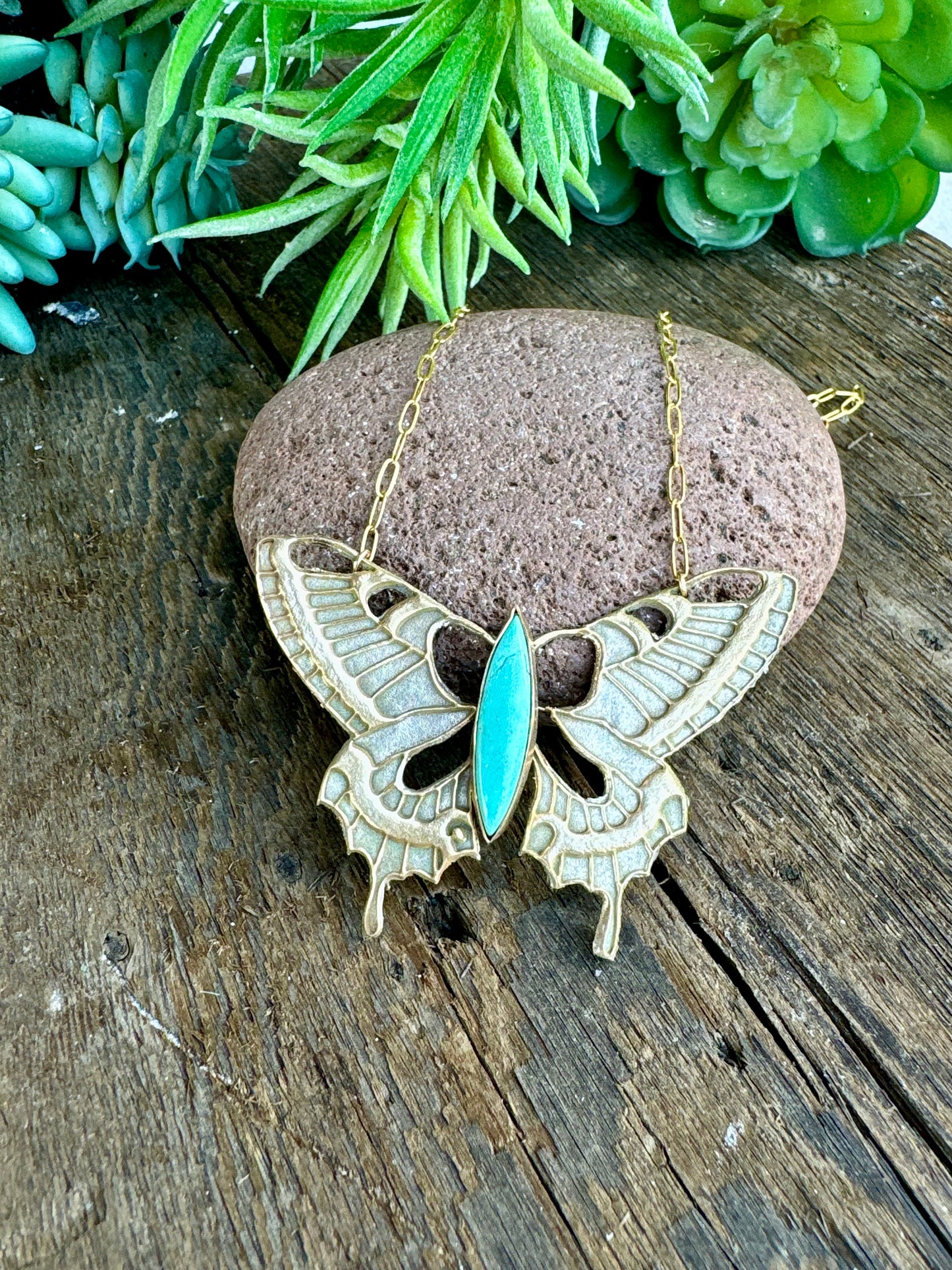 Gold And Silver Bronze Butterfly Necklace With Kingman Turquoise