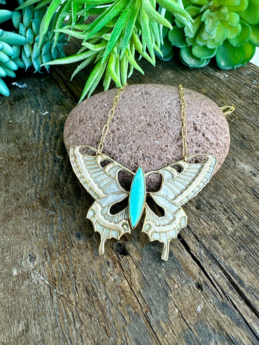 Gold And Silver Bronze Butterfly Necklace With Kingman Turquoise
