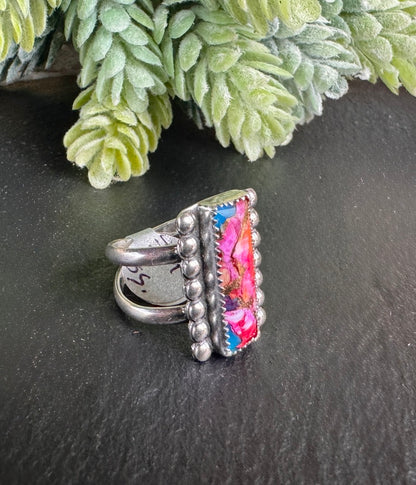 Orange Dahlia Kingman Turquoise Ring - Split Band Sterling Ring Size 7