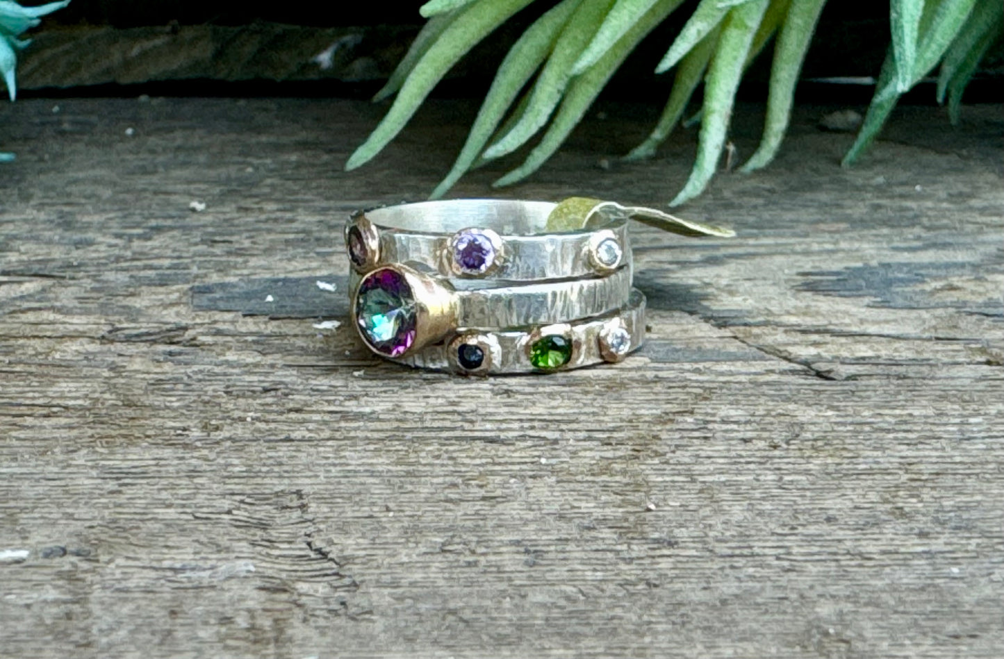 Triple Sterling Silver Stacker Ring With 14k gold-filled accents, Mystic Topaz, Emerald, Amethyst, Moissonite and Tourmaline
