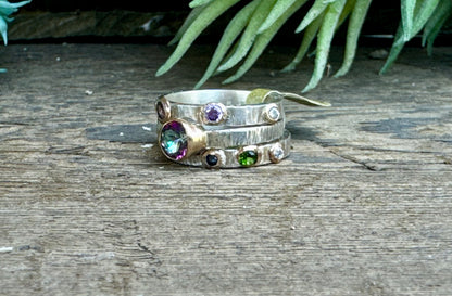 Triple Sterling Silver Stacker Ring With 14k gold-filled accents, Mystic Topaz, Emerald, Amethyst, Moissonite and Tourmaline