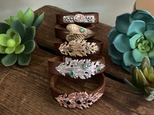 Load image into Gallery viewer, Vintage Leather And Copper Leaf Cuff Bracelet.
