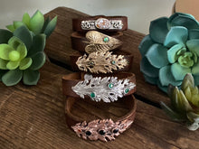 Load image into Gallery viewer, Gold Bronze Leaf, Vintage Leather With Green Tourmaline Cuff Bracelet
