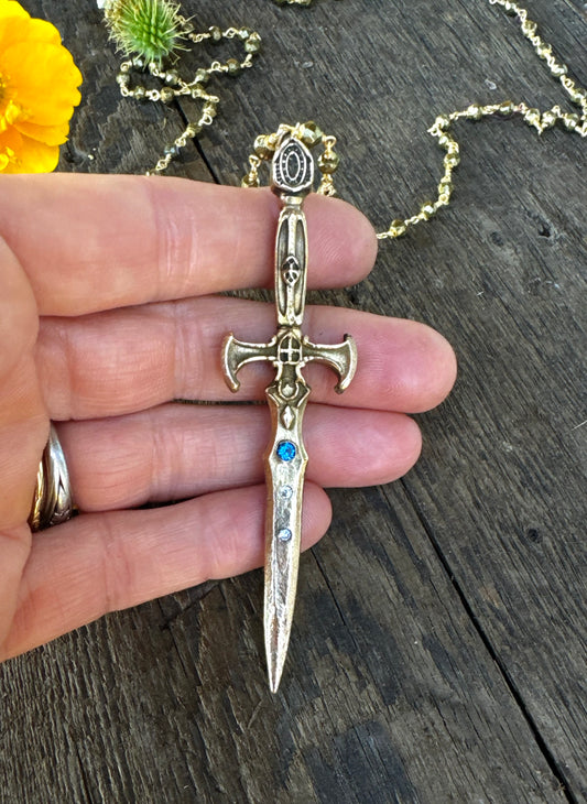 Dagger Necklace - Gold Bronze Dagger With Sapphire And Topaz.