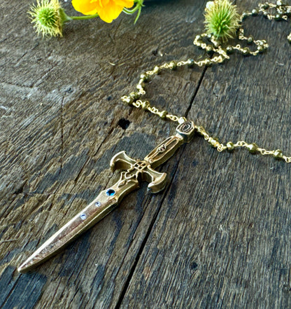 Dagger Necklace - Gold Bronze Dagger With Sapphire And Topaz.