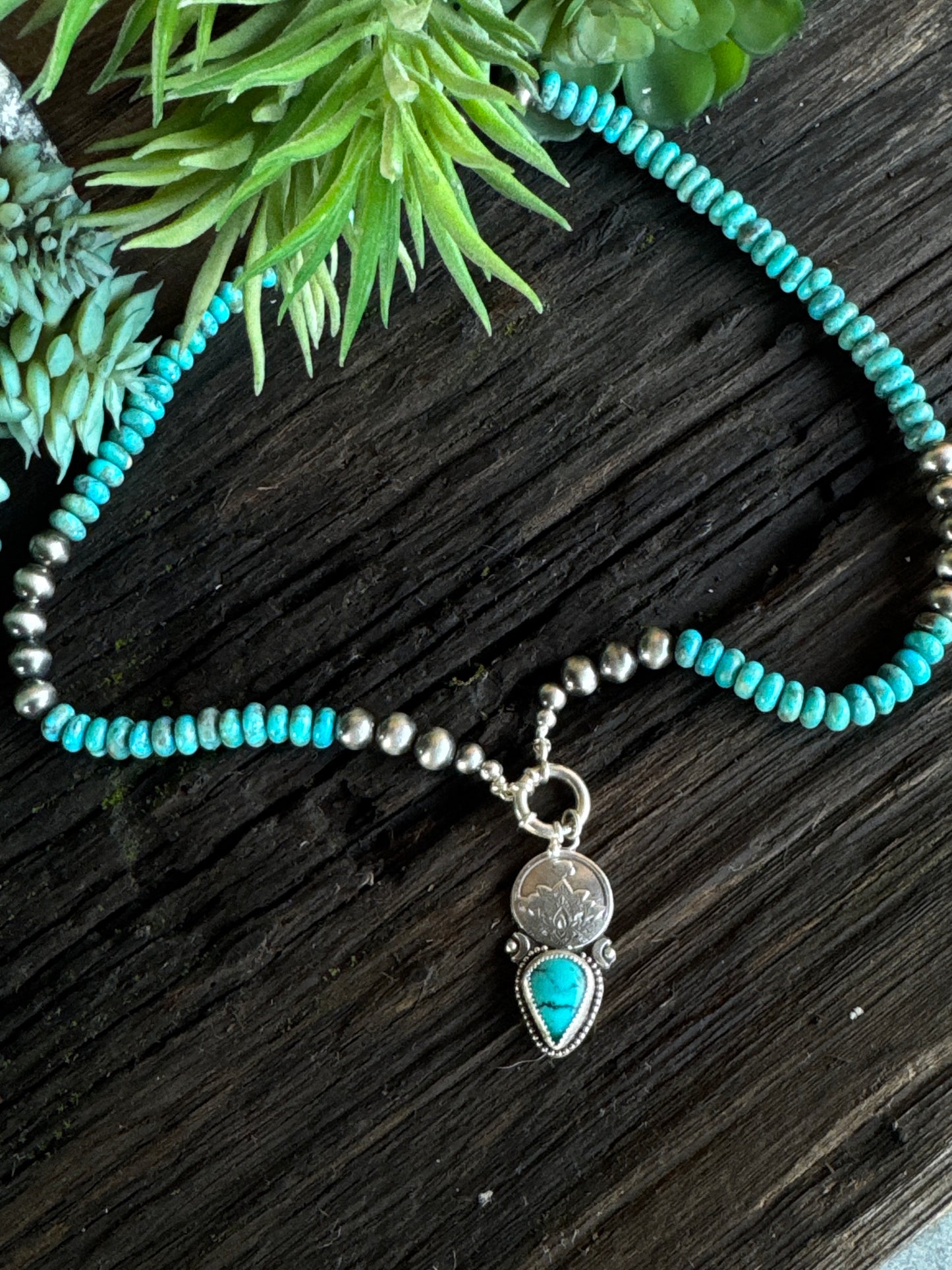 Kingman Turquoise Lotus Flower  Talisman Necklace -3 in 1 Necklace