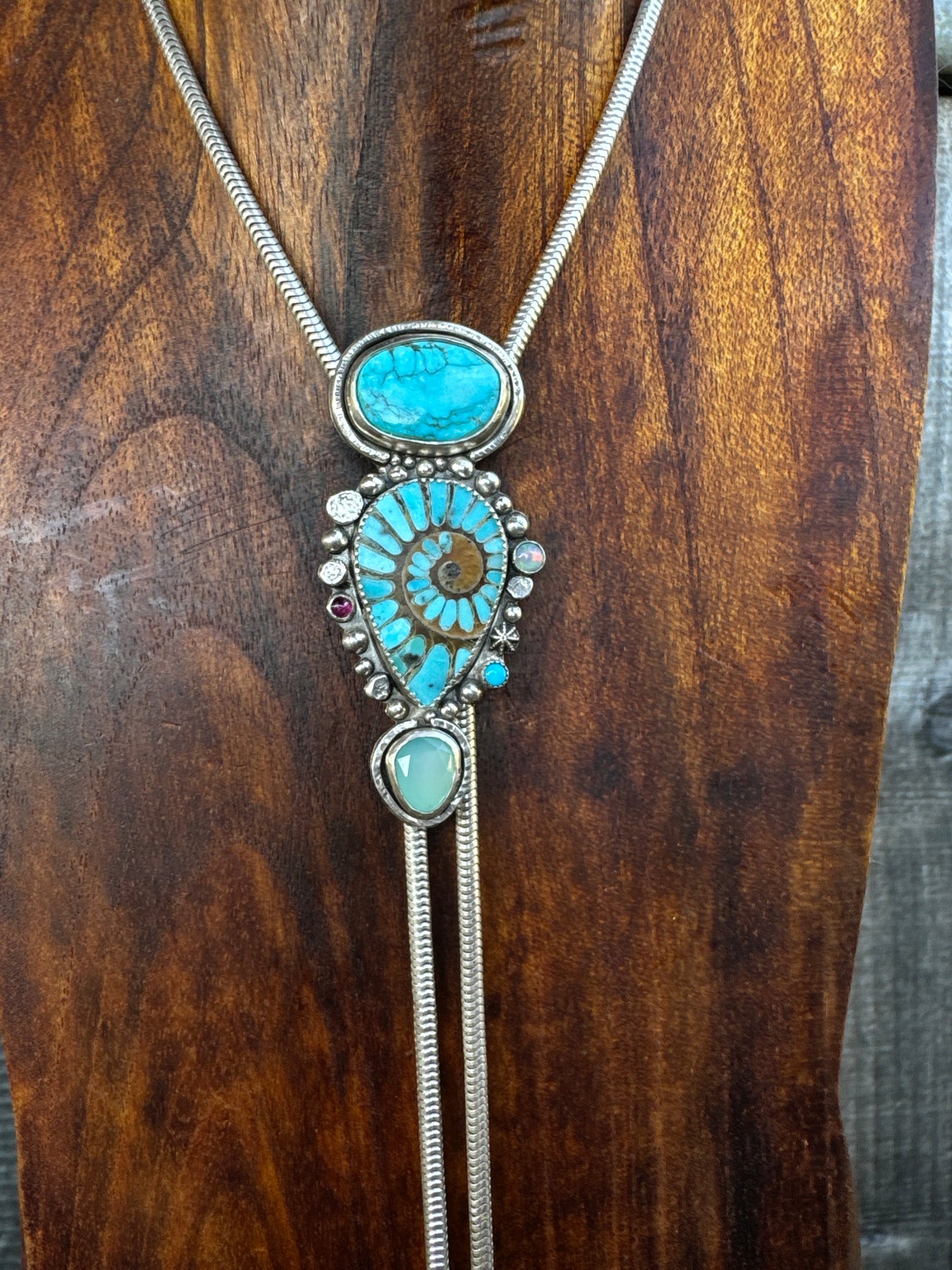 Turquoise Inlay Ammonite With Kingman Turquoise, Green Chalcedony, Opal And Ruby Bolo  Style Necklace - Bolo Tie