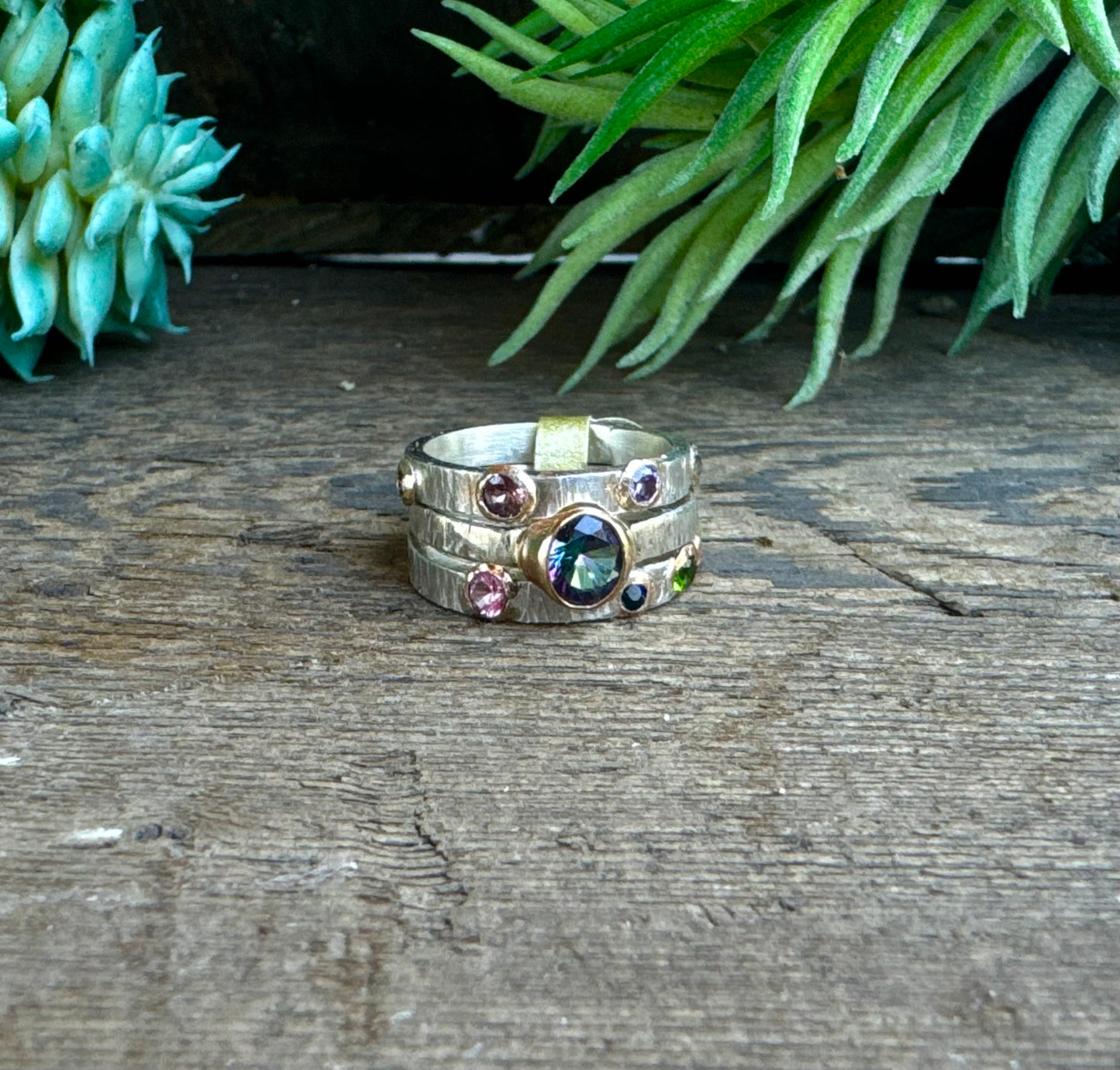 Triple Sterling Silver Stacker Ring With 14k gold-filled accents, Mystic Topaz, Emerald, Amethyst, Moissonite and Tourmaline