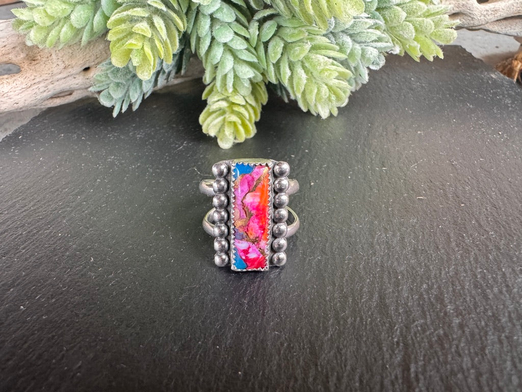 Orange Dahlia Kingman Turquoise Ring - Split Band Sterling Ring Size 7