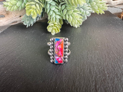 Orange Dahlia Kingman Turquoise Ring - Split Band Sterling Ring Size 7