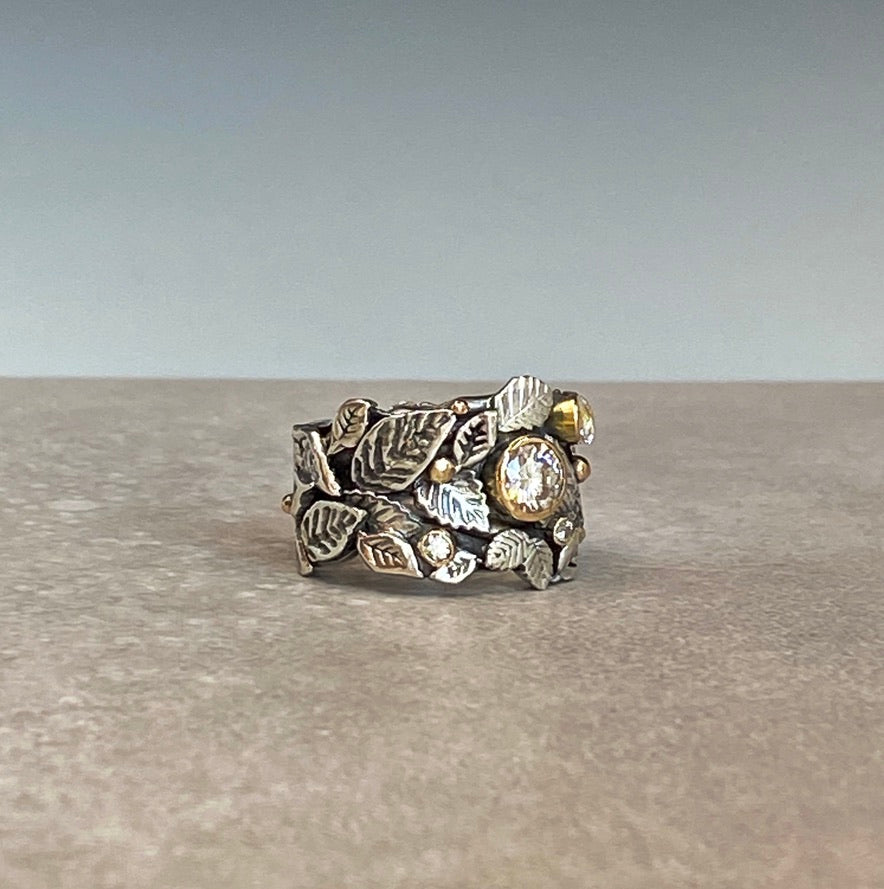 Garden of Eden Ring, Sterling Silver & 14k Yellow Gold With Moissanite