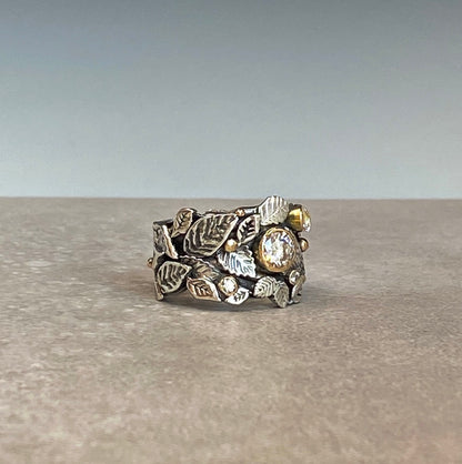 Garden of Eden Ring, Sterling Silver & 14k Yellow Gold With Moissanite
