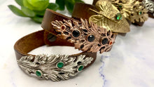 Load image into Gallery viewer, Sterling Silver, Vintage Leather and Emerald Leaf Cuff Bracelet
