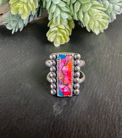 Orange Dahlia Kingman Turquoise Ring - Split Band Sterling Ring Size 7