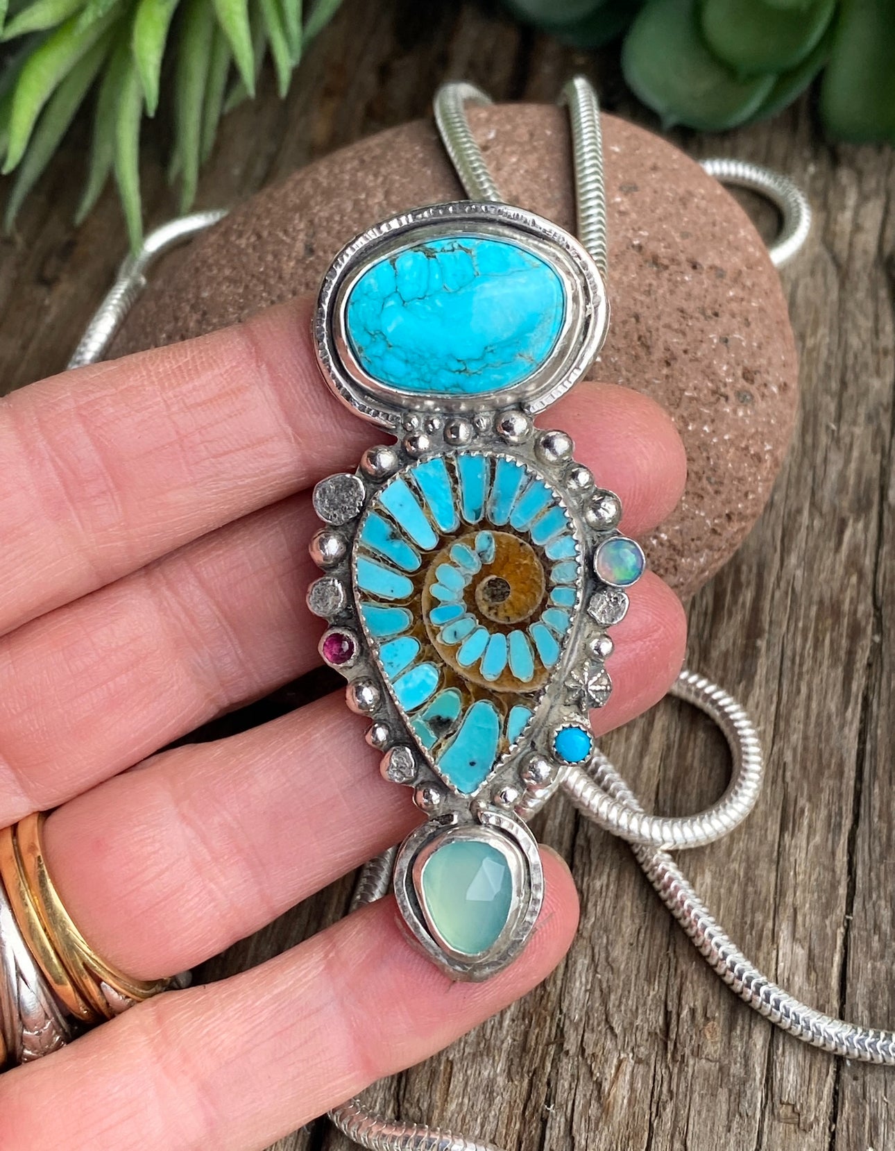 Turquoise Inlay Ammonite With Kingman Turquoise, Green Chalcedony, Opal And Ruby Bolo  Style Necklace - Bolo Tie