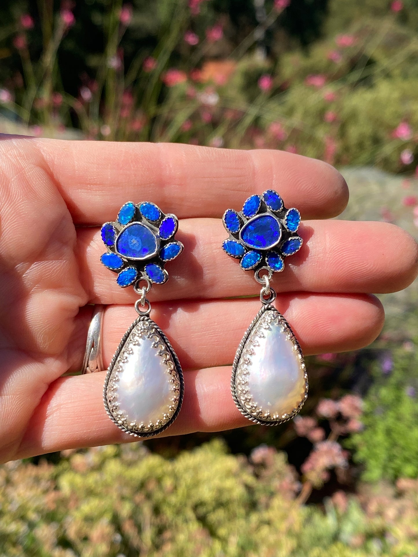 Australian Blue Opal Doublets And Freshwater Pearl Drop Earrings In Sterling Silver