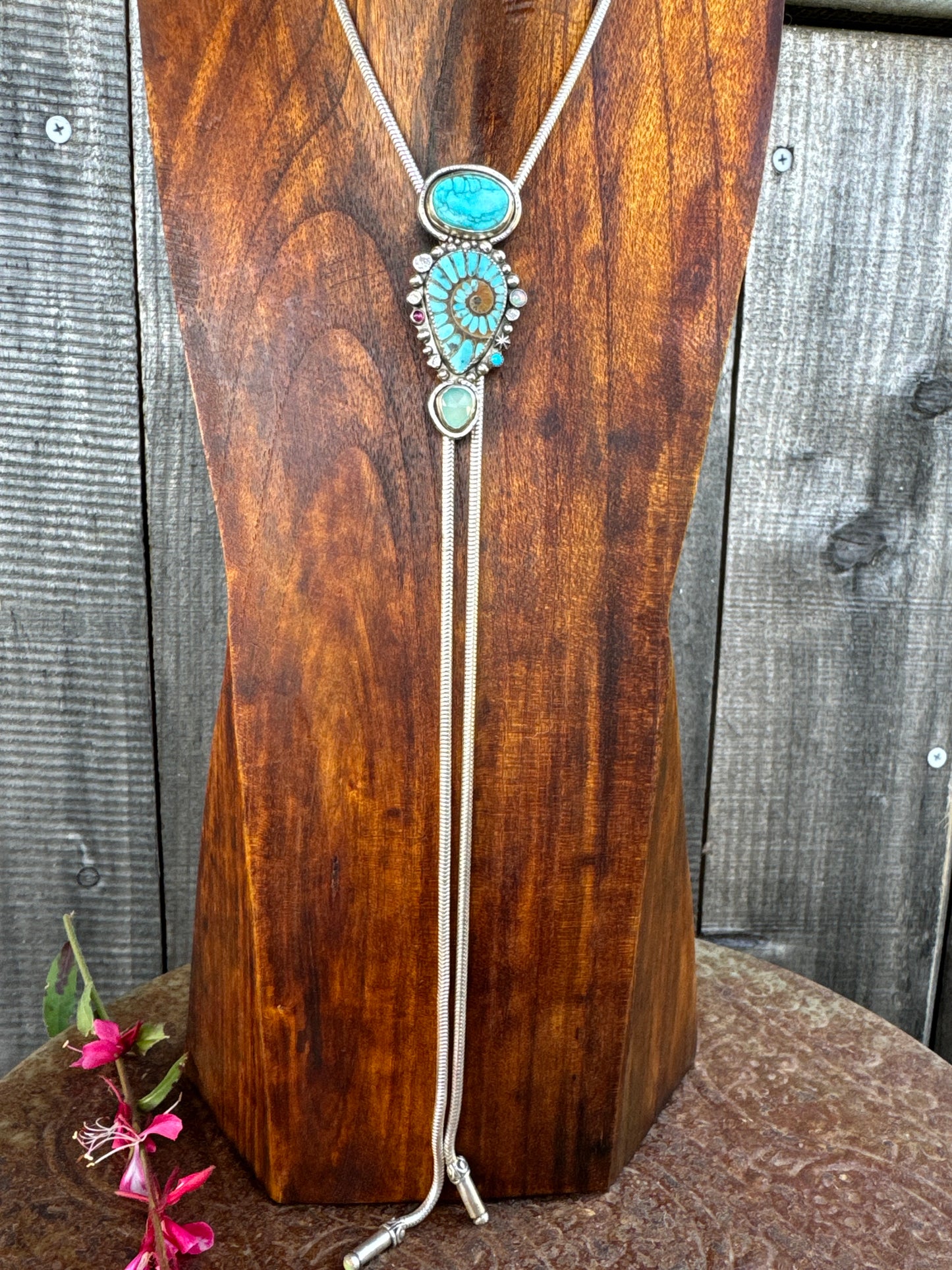 Turquoise Inlay Ammonite With Kingman Turquoise, Green Chalcedony, Opal And Ruby Bolo  Style Necklace - Bolo Tie