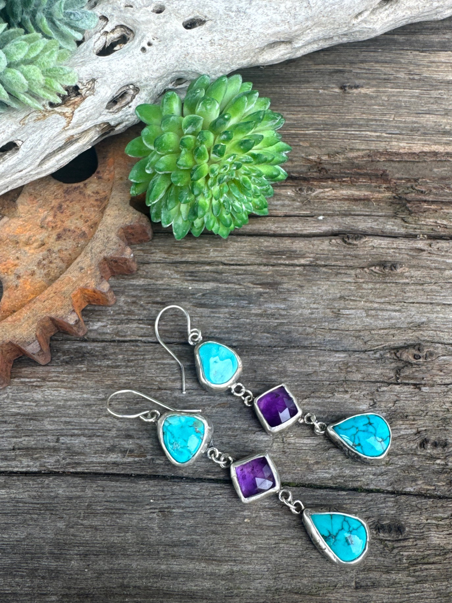 Desert Twilight Earrings - Sterling Silver Turquoise And Amethyst Triple Drop Earrings