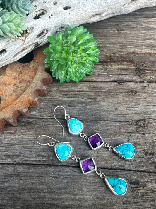 Desert Twilight Earrings - Sterling Silver Turquoise And Amethyst Triple Drop Earrings