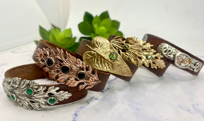 Sterling Silver, Vintage Leather and Emerald Leaf Cuff Bracelet