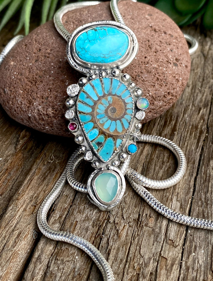 Turquoise Inlay Ammonite With Kingman Turquoise, Green Chalcedony, Opal And Ruby Bolo  Style Necklace - Bolo Tie