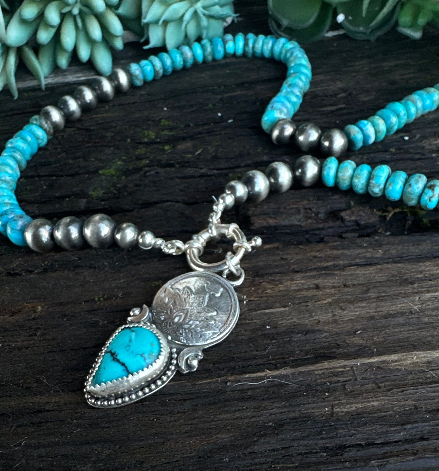 Kingman Turquoise Lotus Flower  Talisman Necklace -3 in 1 Necklace