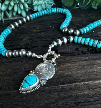 Kingman Turquoise Lotus Flower  Talisman Necklace -3 in 1 Necklace