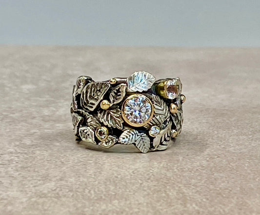 Garden of Eden Ring, Sterling Silver & 14k Yellow Gold With Moissanite
