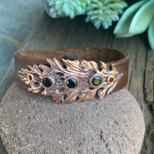 Load image into Gallery viewer, Vintage Leather And Copper Leaf Cuff Bracelet.
