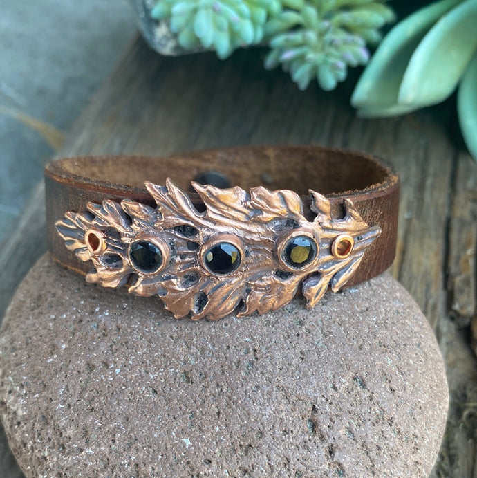 Vintage Leather And Copper Leaf Cuff Bracelet.