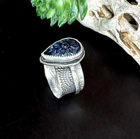 Sapphire Rose Spinner Ring - Blue Hand Carved Sapphire And Recycled Sterling Silver.