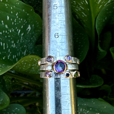 Triple Sterling Silver Stacker Ring With 14k gold-filled accents, Mystic Topaz, Emerald, Amethyst, Moissonite and Tourmaline