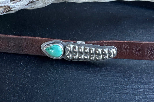 Sterling Silver And Kingman Turquoise Rattlesnake Hat Band On Stamped Leather