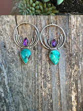 Load image into Gallery viewer, Turquoise, Amethyst And Sterling Pinnacle Hoop Earrings
