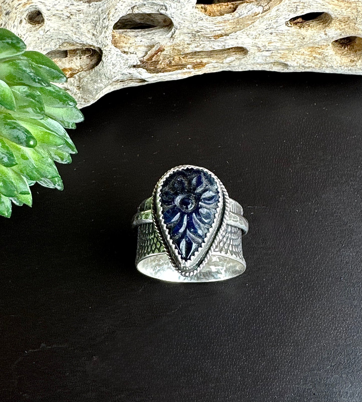 Sapphire Rose Spinner Ring - Blue Hand Carved Sapphire And Recycled Sterling Silver.