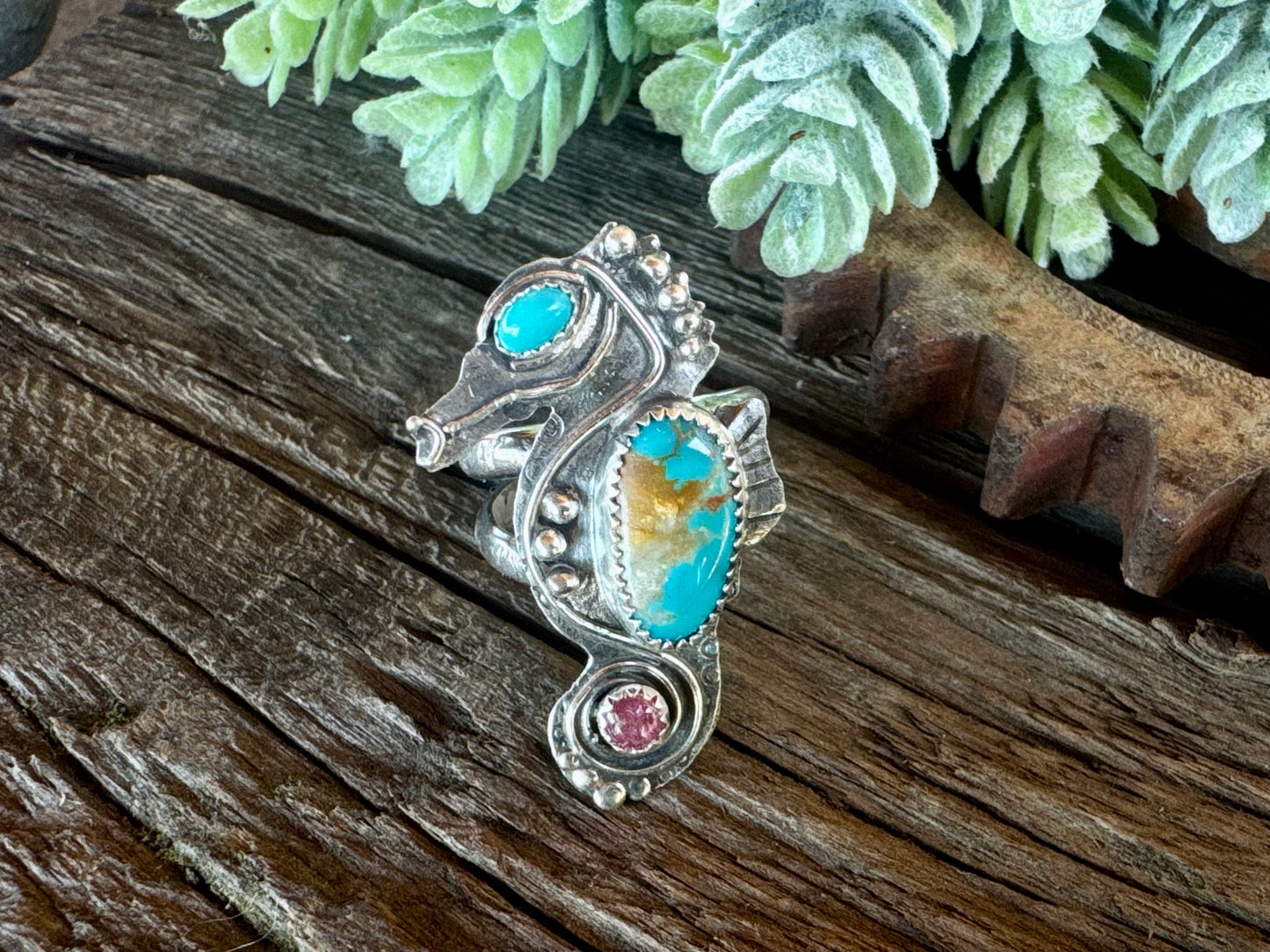 Turquoise Tide-Pool Cowgirl Ring - Seahorse Ring With Turquoise And Tourmaline