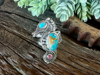 Turquoise Tide-Pool Cowgirl Ring - Seahorse Ring With Turquoise And Tourmaline